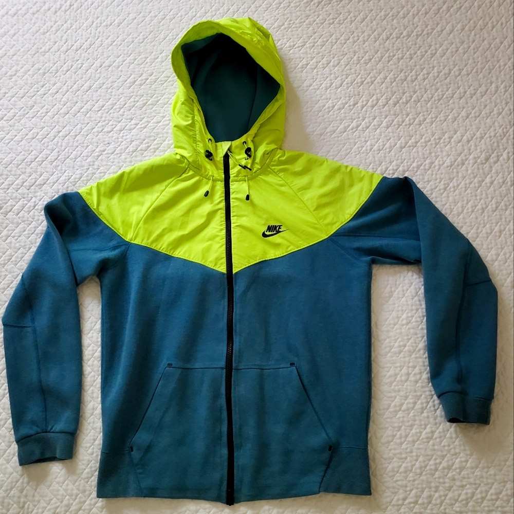 Nike Zip Up Blue Hoodie with Safety Yellow Neon Green Overlay Size Small